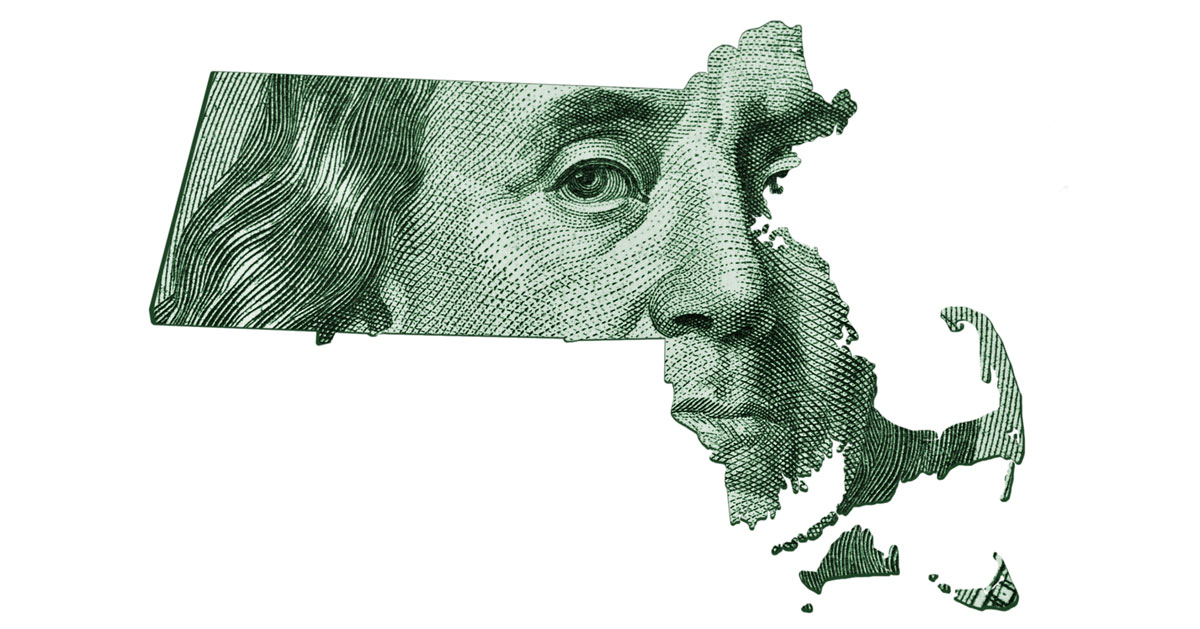 Image of Ben Franklin from US currency cropped in the shape of Massachusetts