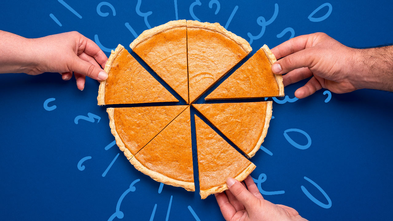 Three hands take equal slices of pumpkin pie